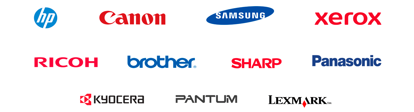 HP,Canon, Samsung, Xerox, Ricoh, Kyocera, Brother, Panasonic, Pantum, Lexmark, Sharp